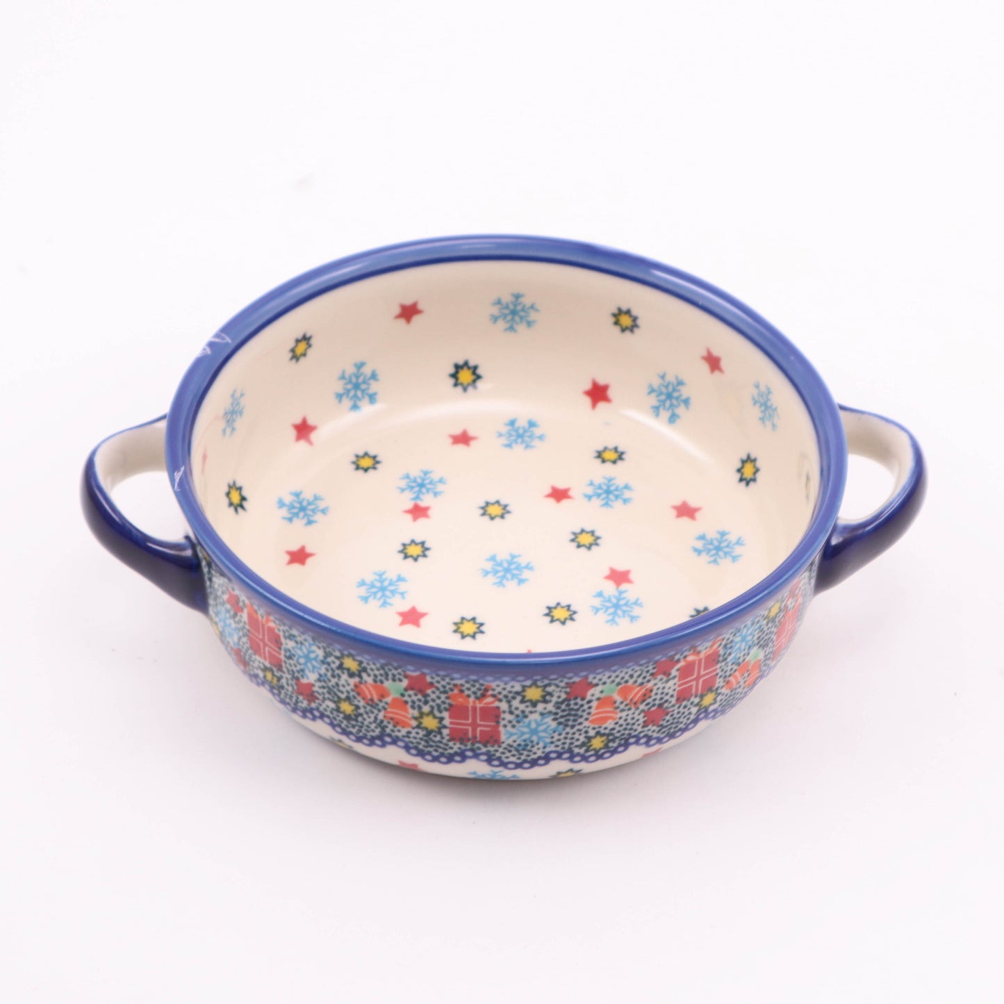 6.5" Round Baker with Handles. Pattern: Gifts Flakes