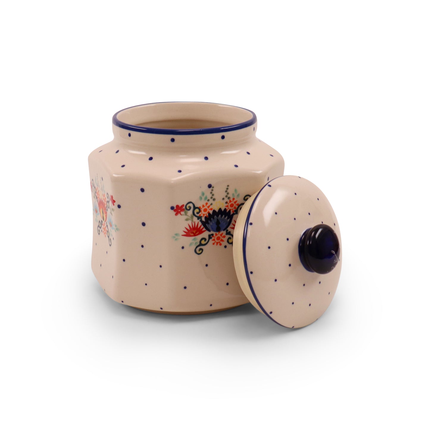 7"x6.5" Hexagonal Cannister. Pattern: Folk Blast