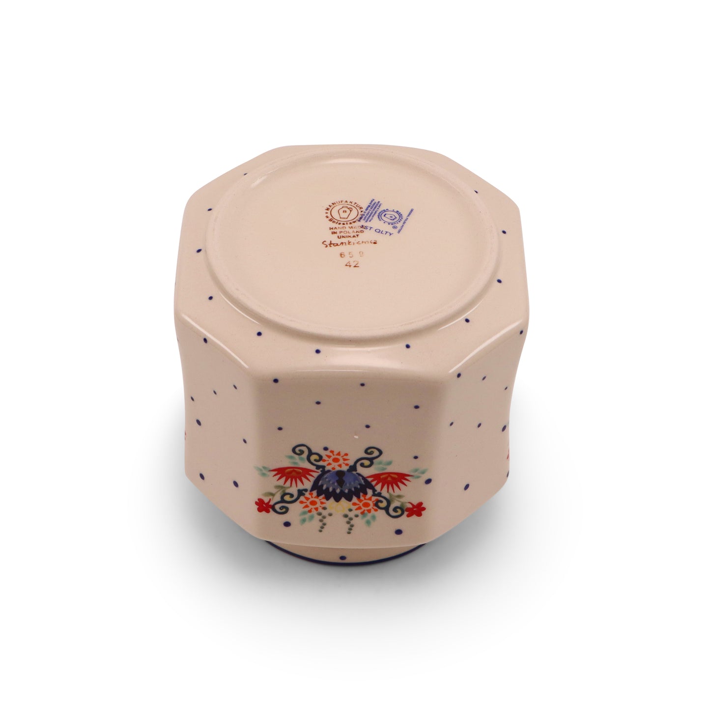 7"x6.5" Hexagonal Cannister. Pattern: Folk Blast