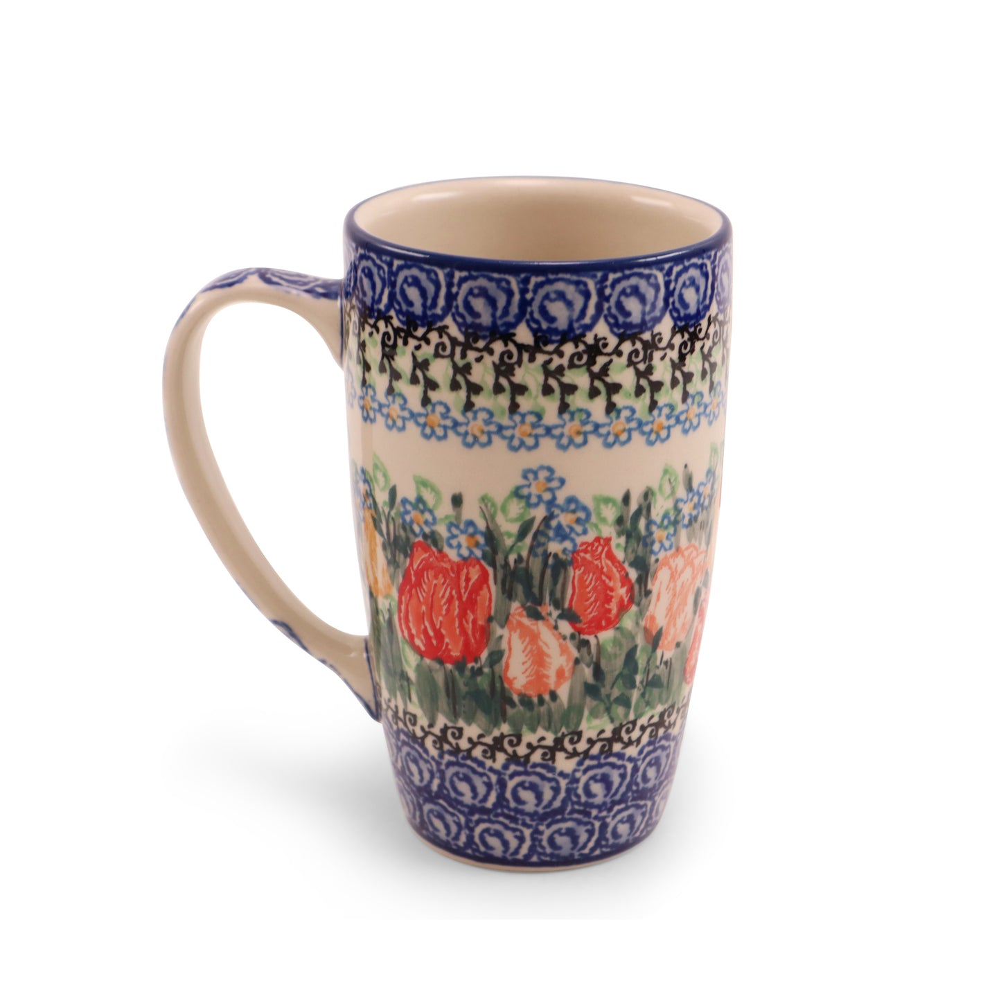 12oz Latte Mug. Pattern: Tulip Garden