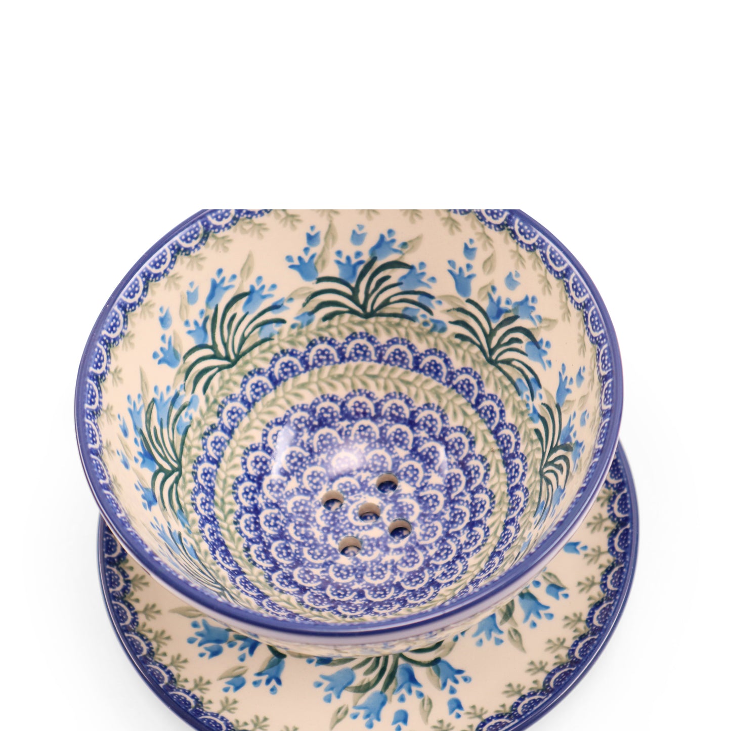 7"x4" Colander with Plate. Pattern: Bluebells