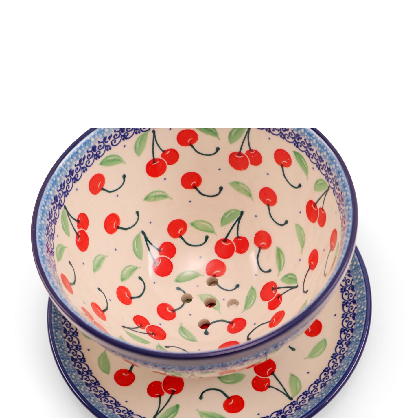 7"x4" Colander with Plate. Pattern: Cherries Jubilee