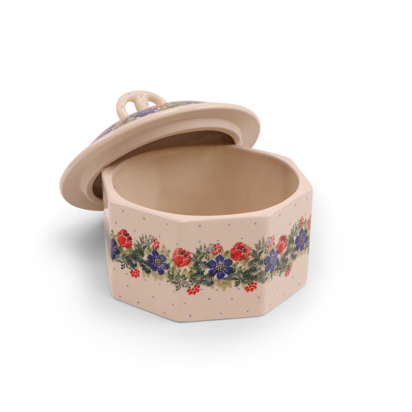7"x3.5" Octagonal Pretzel Container. Pattern: Around the Clock
