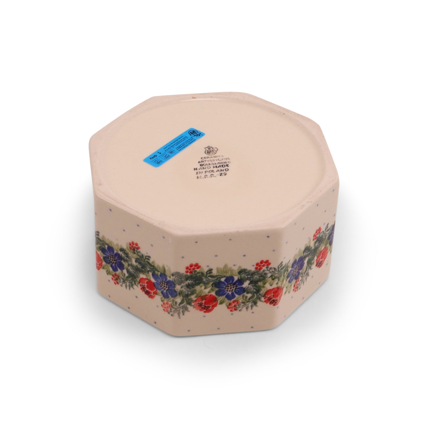 7"x3.5" Octagonal Pretzel Container. Pattern: Around the Clock
