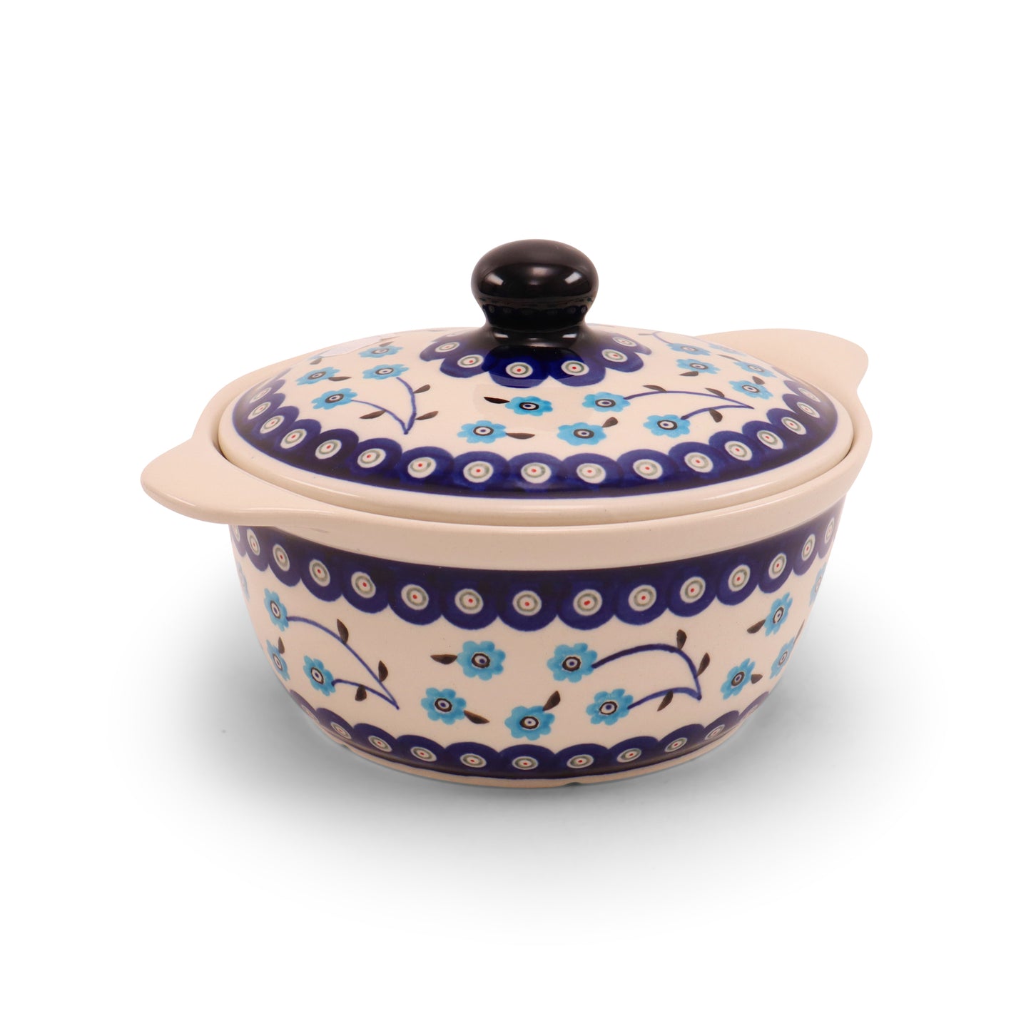 7.5"x3.5" Covered Baker With Handles Medium. Pattern: Forget Me Not