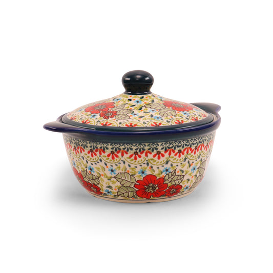 7.5"x3.5" Covered Baker With Handles Medium. Pattern: In My Garden