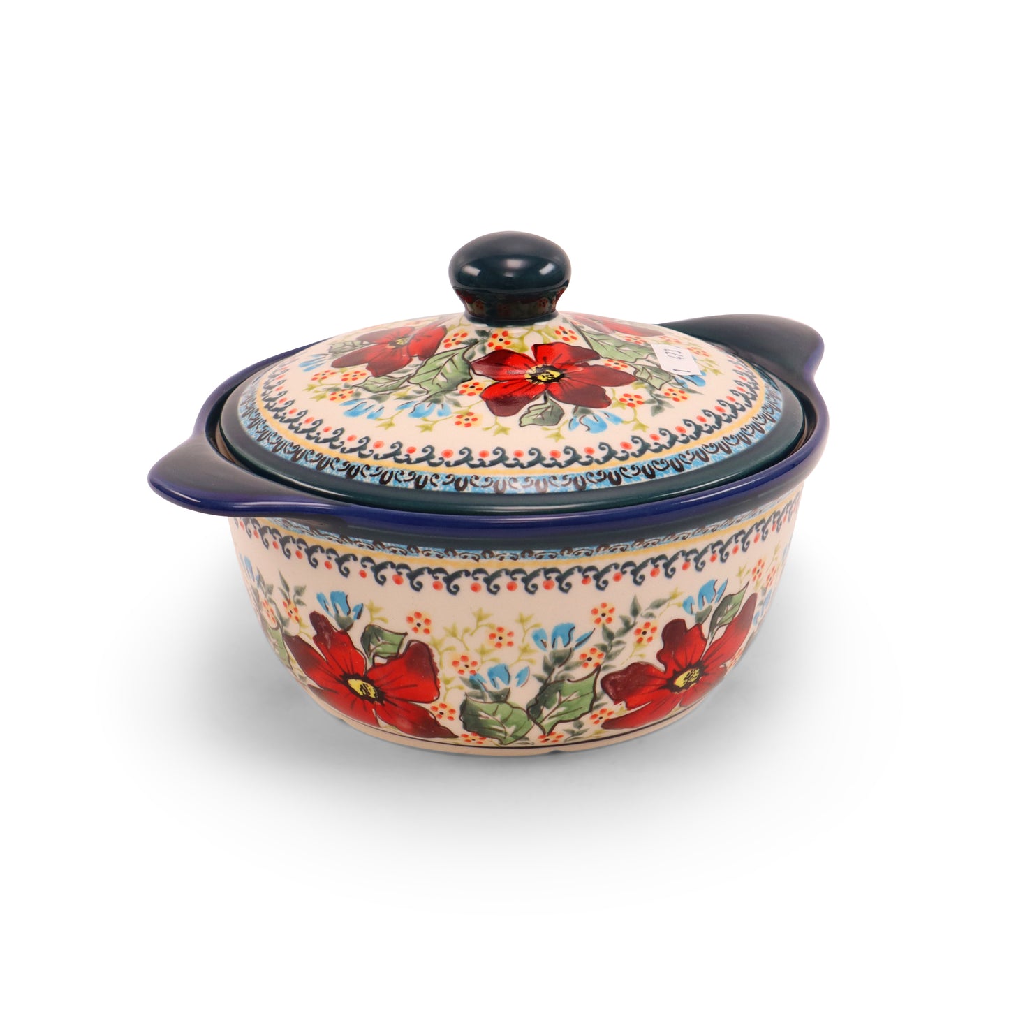 7.5"x3.5" Covered Baker With Handles Medium. Pattern: Pot Pourri Mint