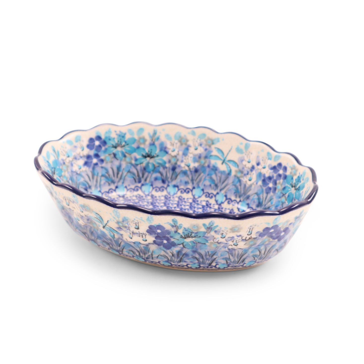 8.5"x6"x3" Fluted Oval Baker. Pattern: Dragonfly Meadow