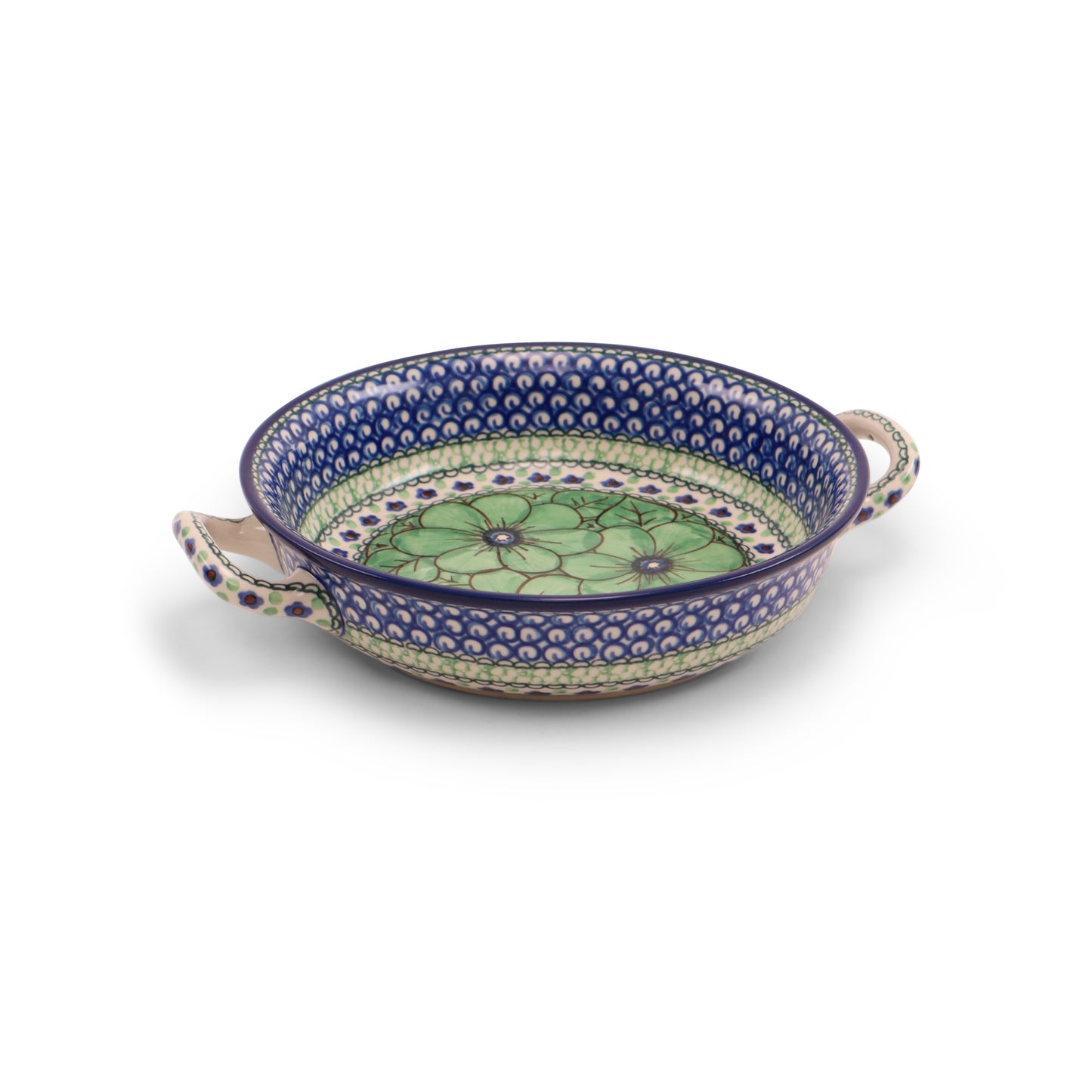 10"x1.5" Round Baker with Handles.Pattern: Jade Poppy
