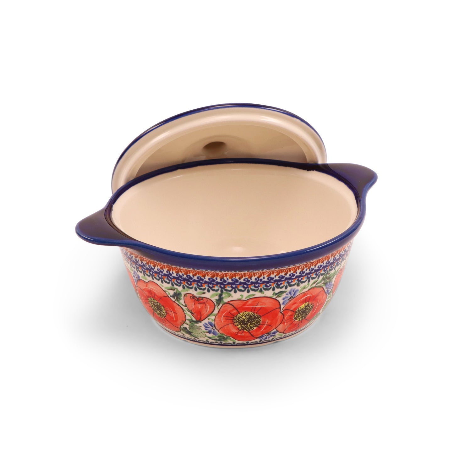 7.5"x3.5" Covered Baker With Handles Medium. Pattern: Country Poppy