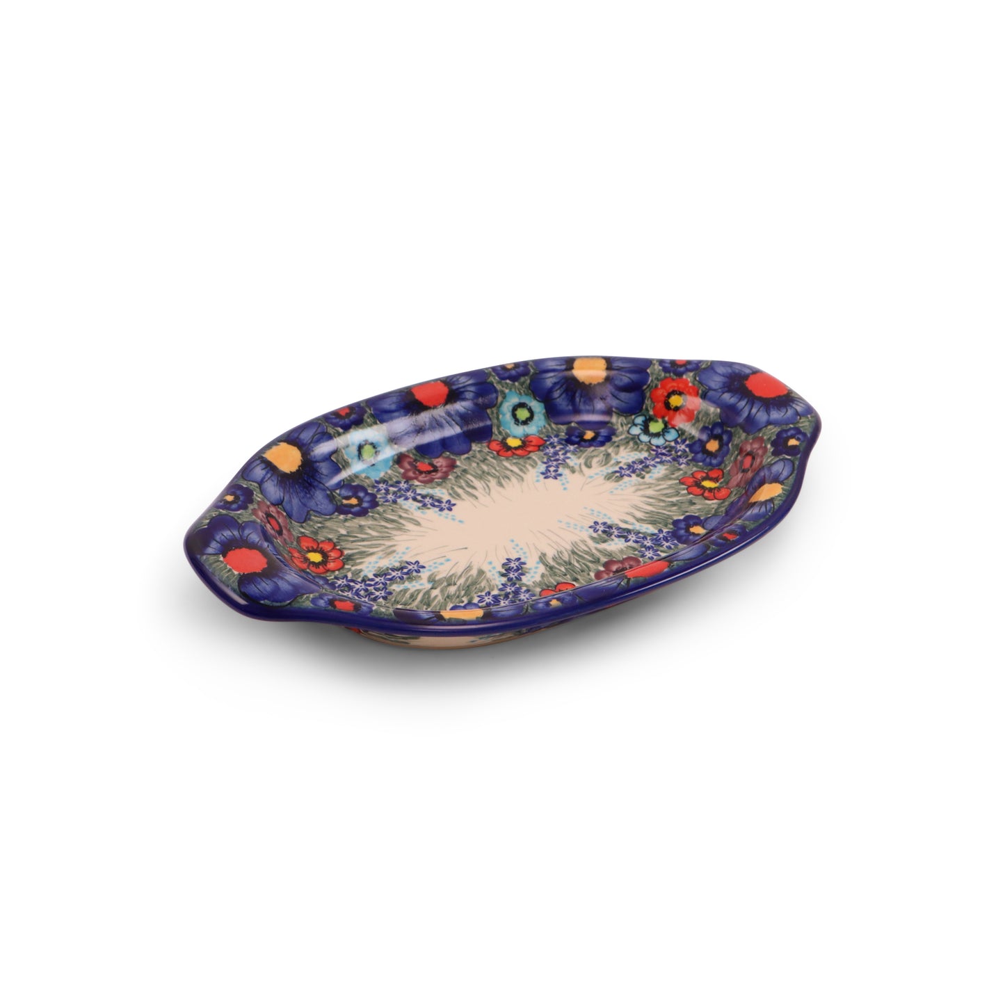 12"x8" Oval Tray with Handles.Pattern: Blooms in Blue