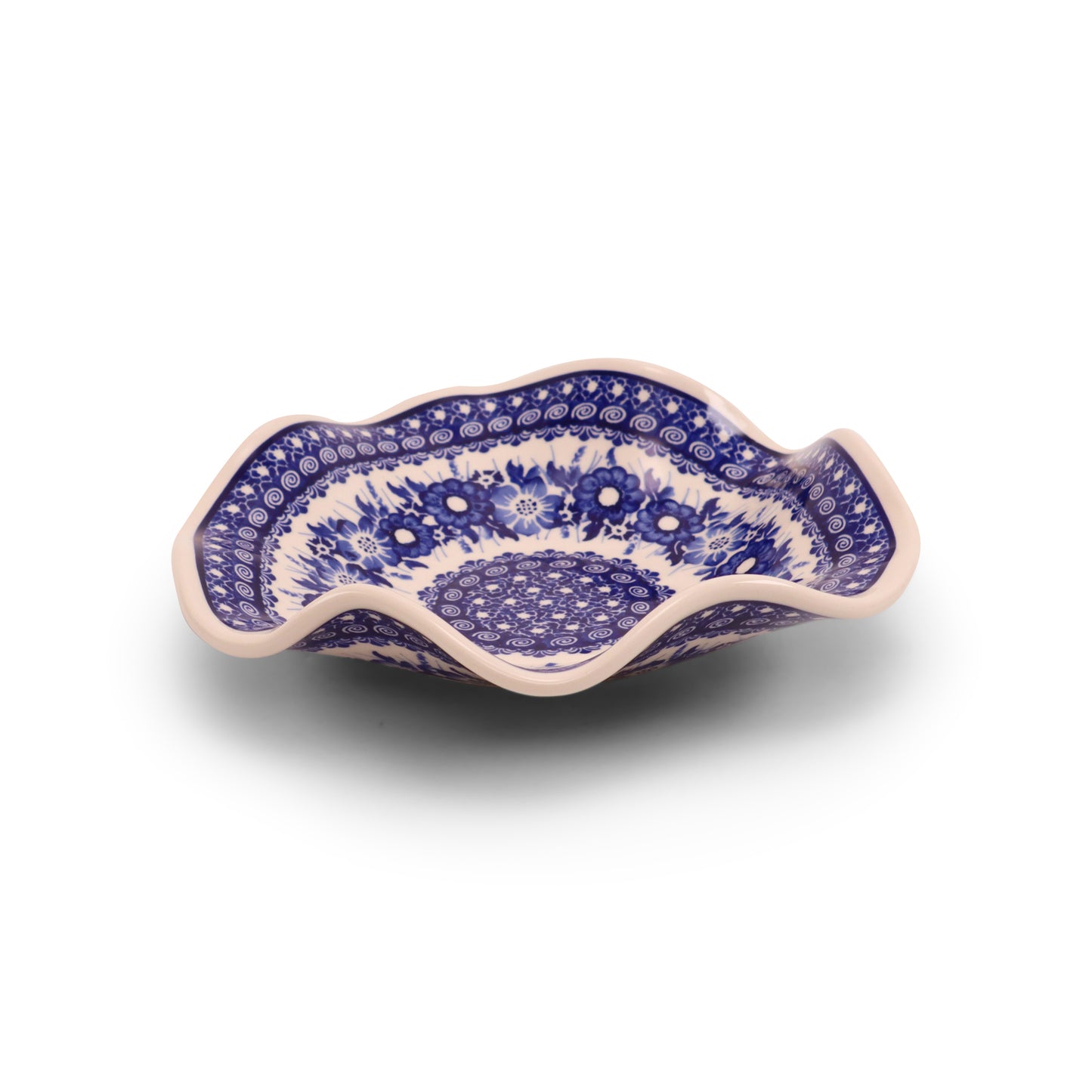 9" Wavy Shallow Bowl.Pattern: Cobalt Meadow