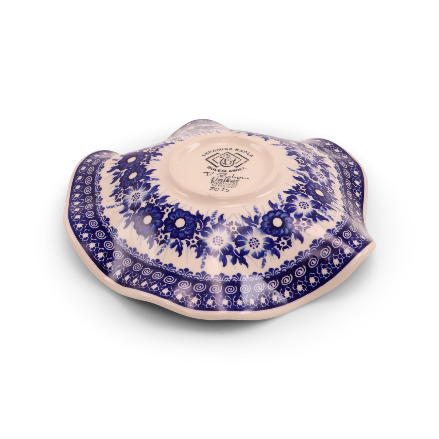 9" Wavy Shallow Bowl.Pattern: Cobalt Meadow