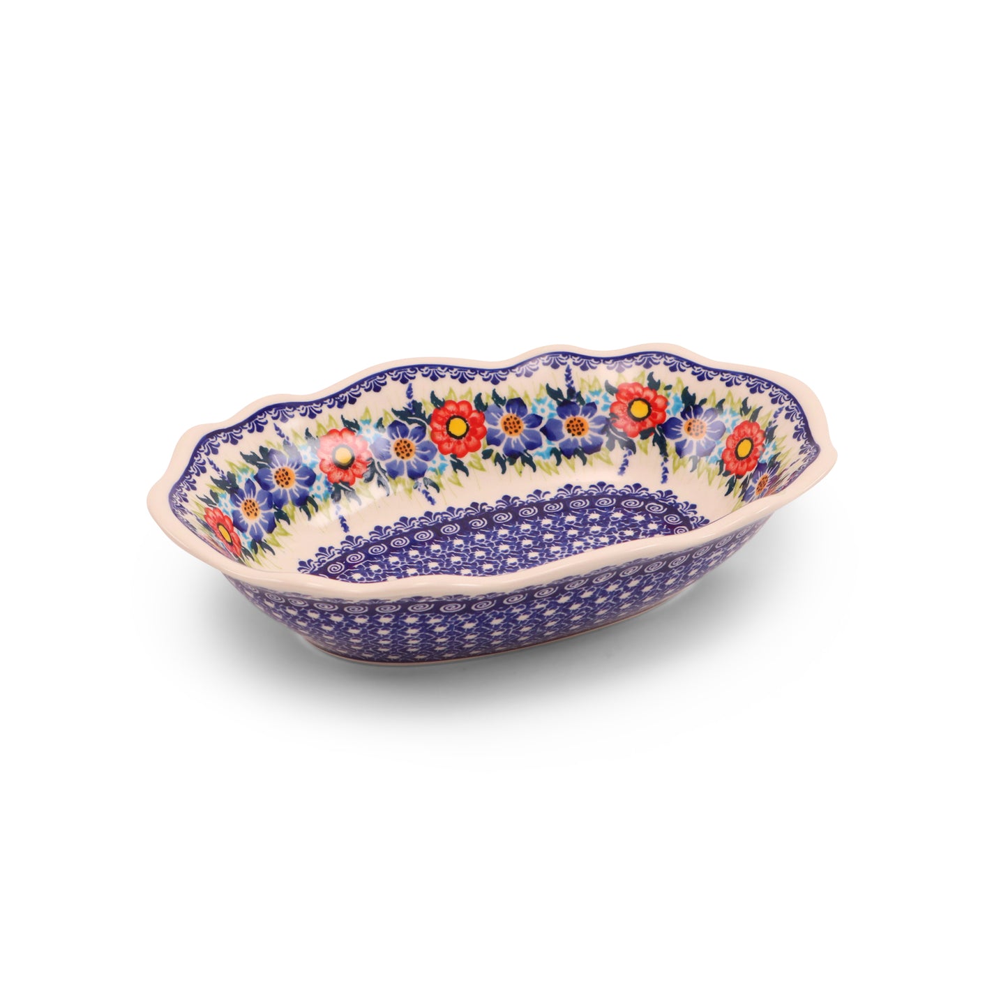 10"x6.5"x2.5" Oval Wavy Dish.Pattern: Summer Wreath