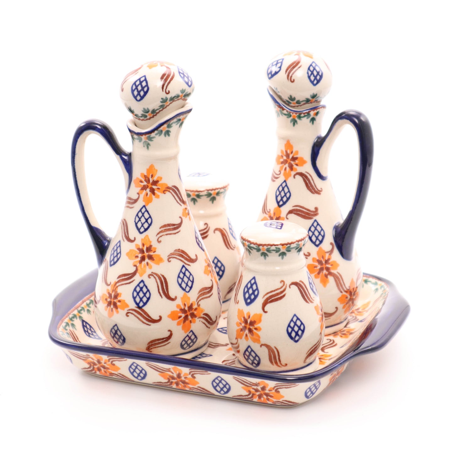 7"x7" Oil and Vinegar, Salt and Pepper Set. Pattern: 097