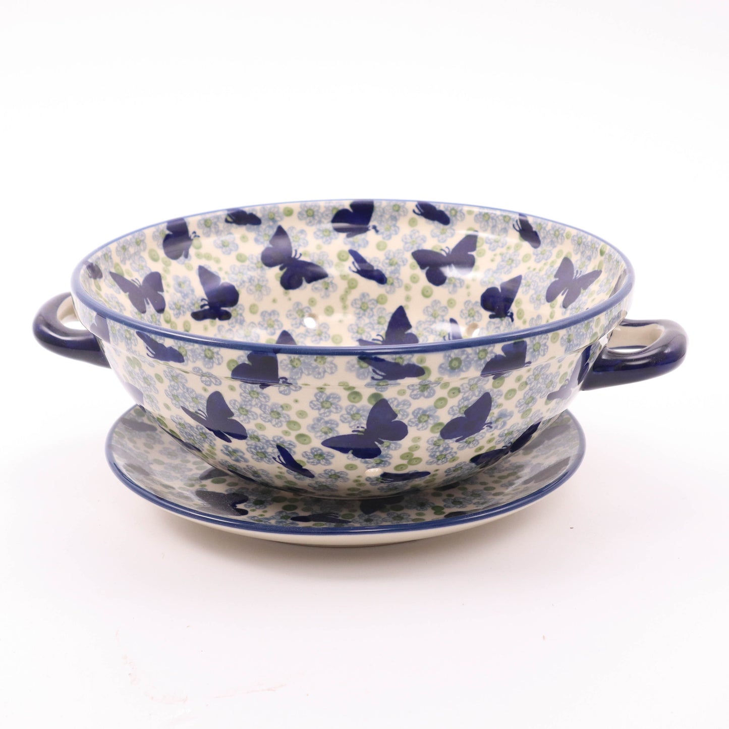9.5" Colander with Handles and Plate. Pattern: Butterfly in Green