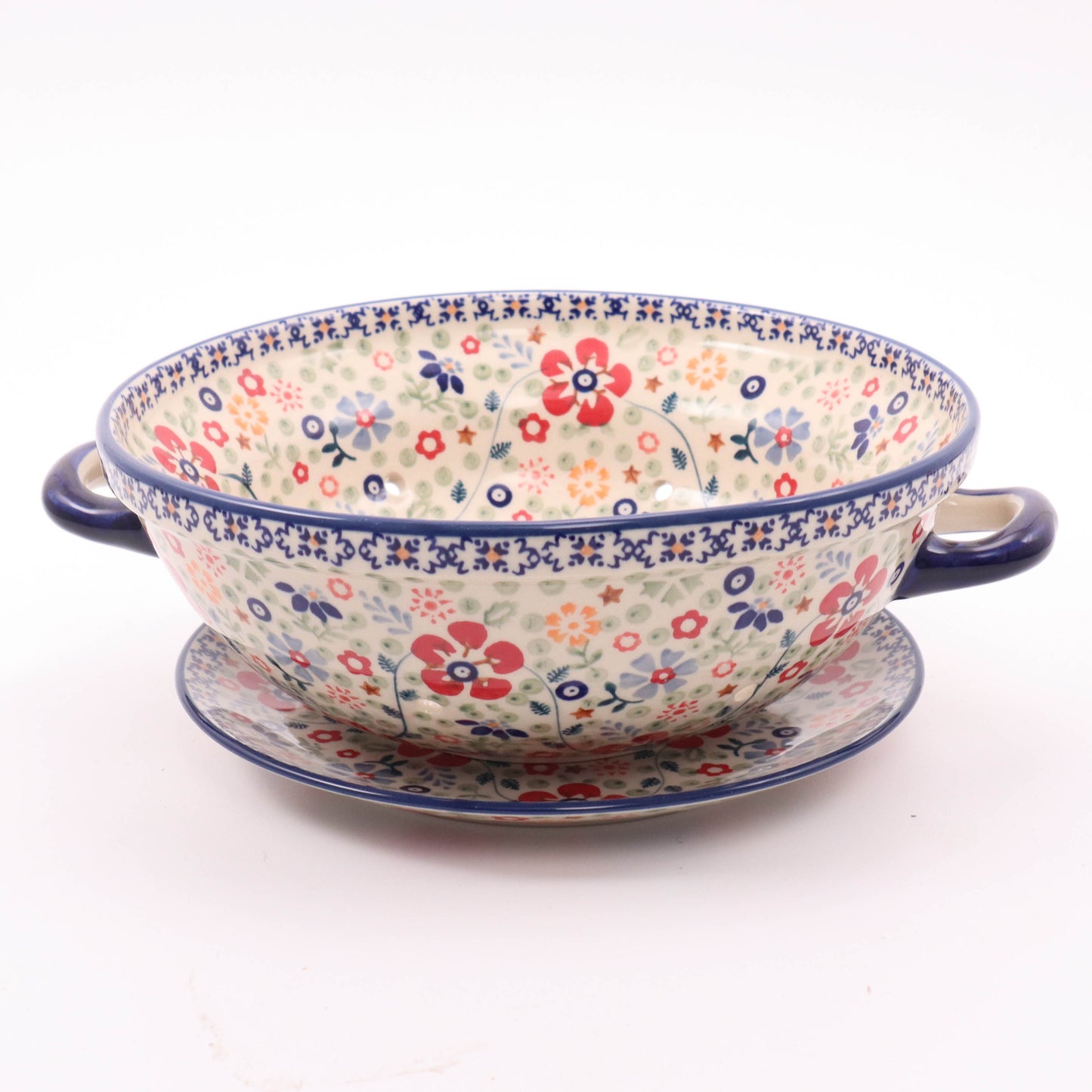 9.5" Colander with Handles and Plate. Pattern: Cousin of Legacy