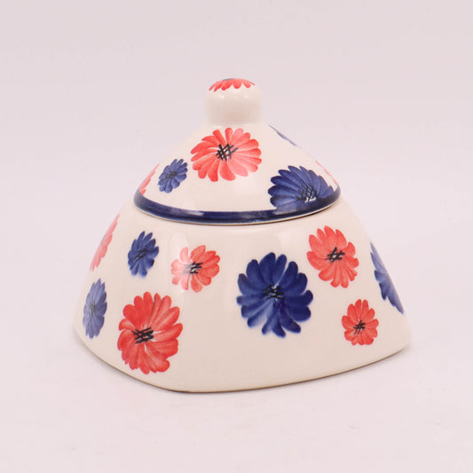 5"x4" Square Sugar Bowl. Pattern: Red and Blue