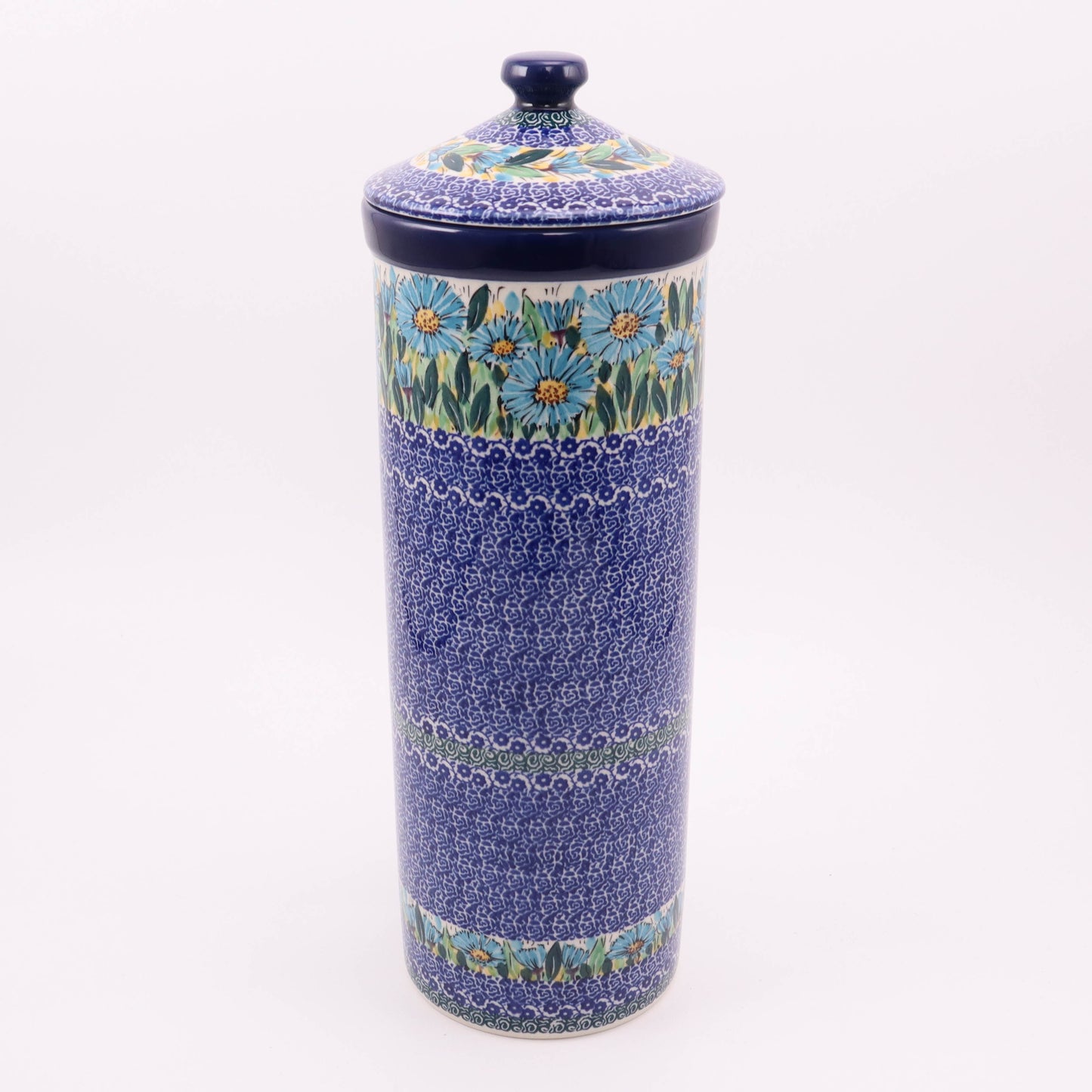 14" Spaghetti Container with Lid. Pattern: Blue Aster