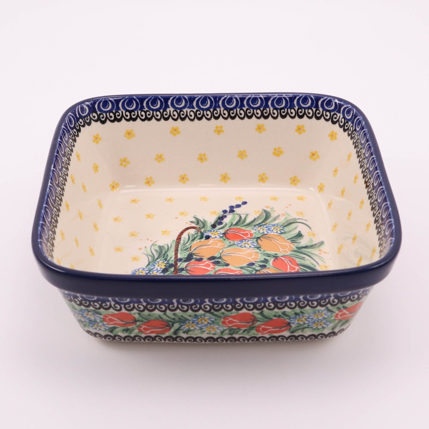 7.5" Square Baker. Pattern: Tulip Basket