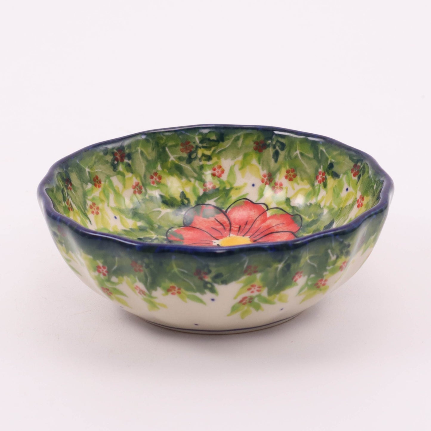 4"x2" Round Fluted Bowl. Pattern: Green Valley Red