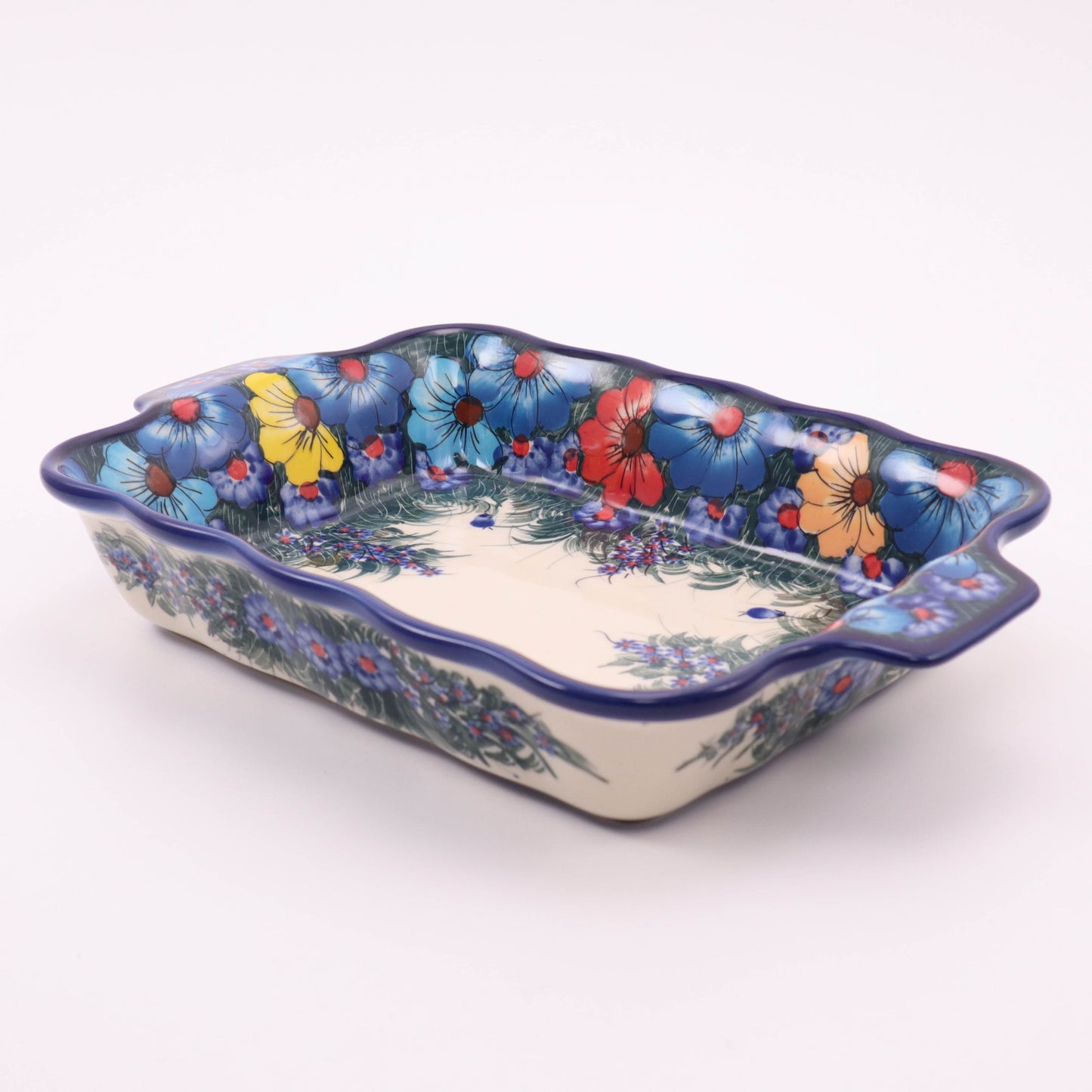 12"x8" Waved Rectangular Baker with Handles. Pattern: Brite Bouquet