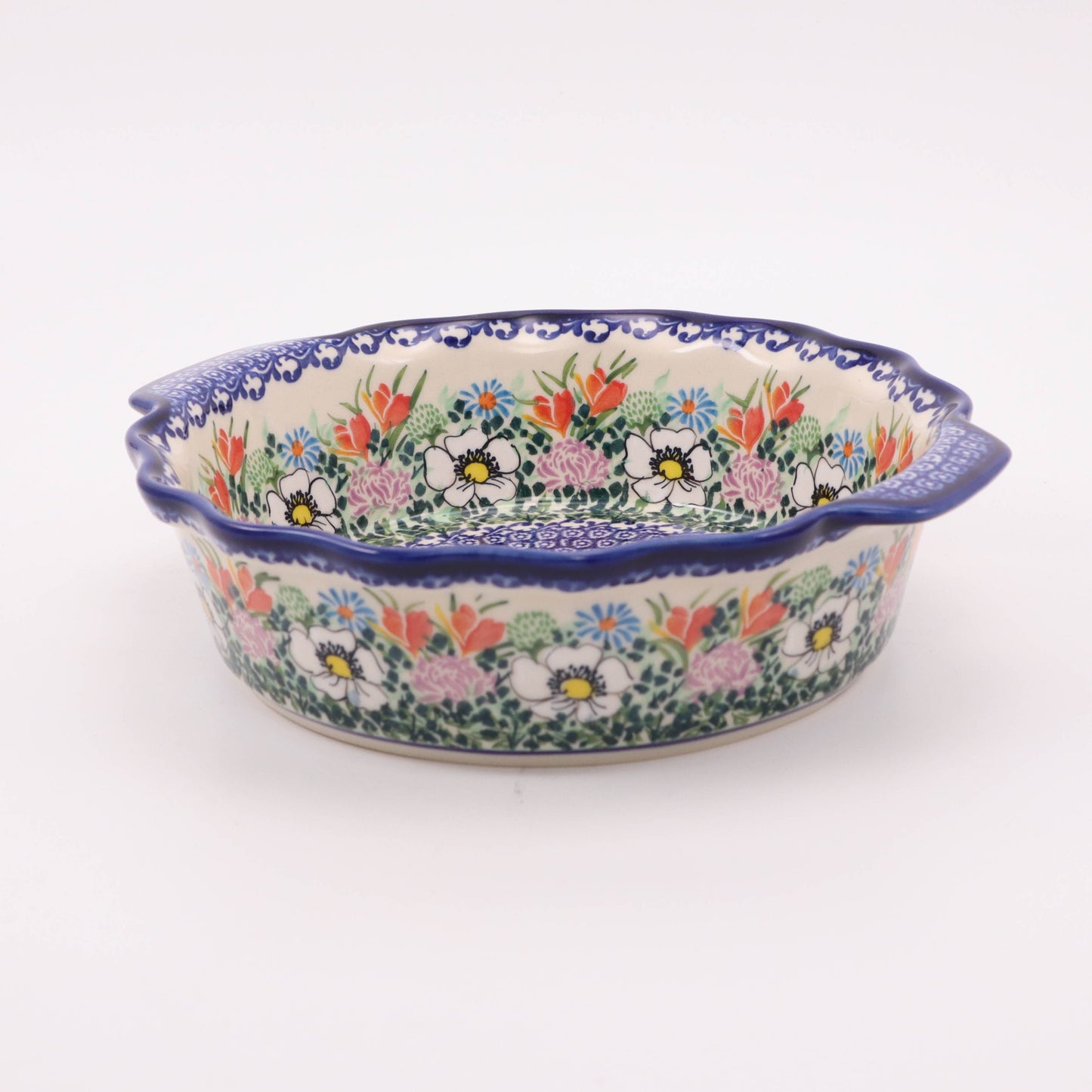 9.5" Round Waved Bowl with Handles. Pattern: Mixed Bouquet