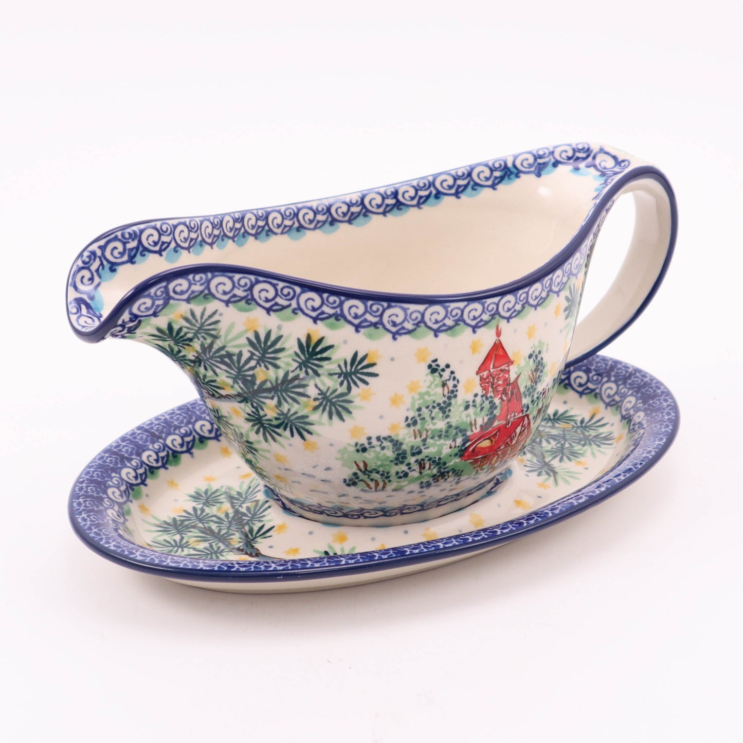 24oz Gravy Boat on Plate. Pattern: Winter Birds