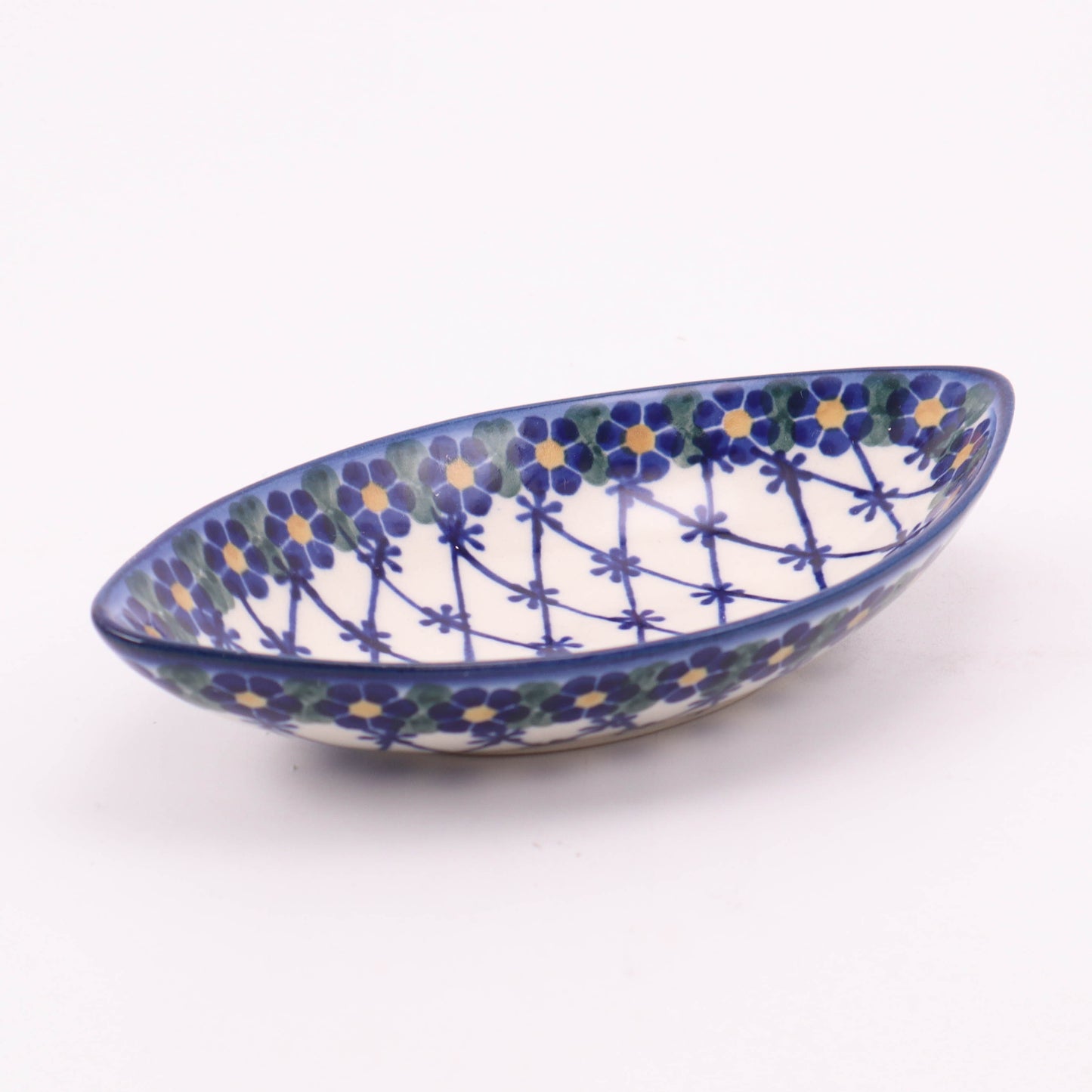 7"x4" Boat Dish. Pattern: Cobalt Lattice