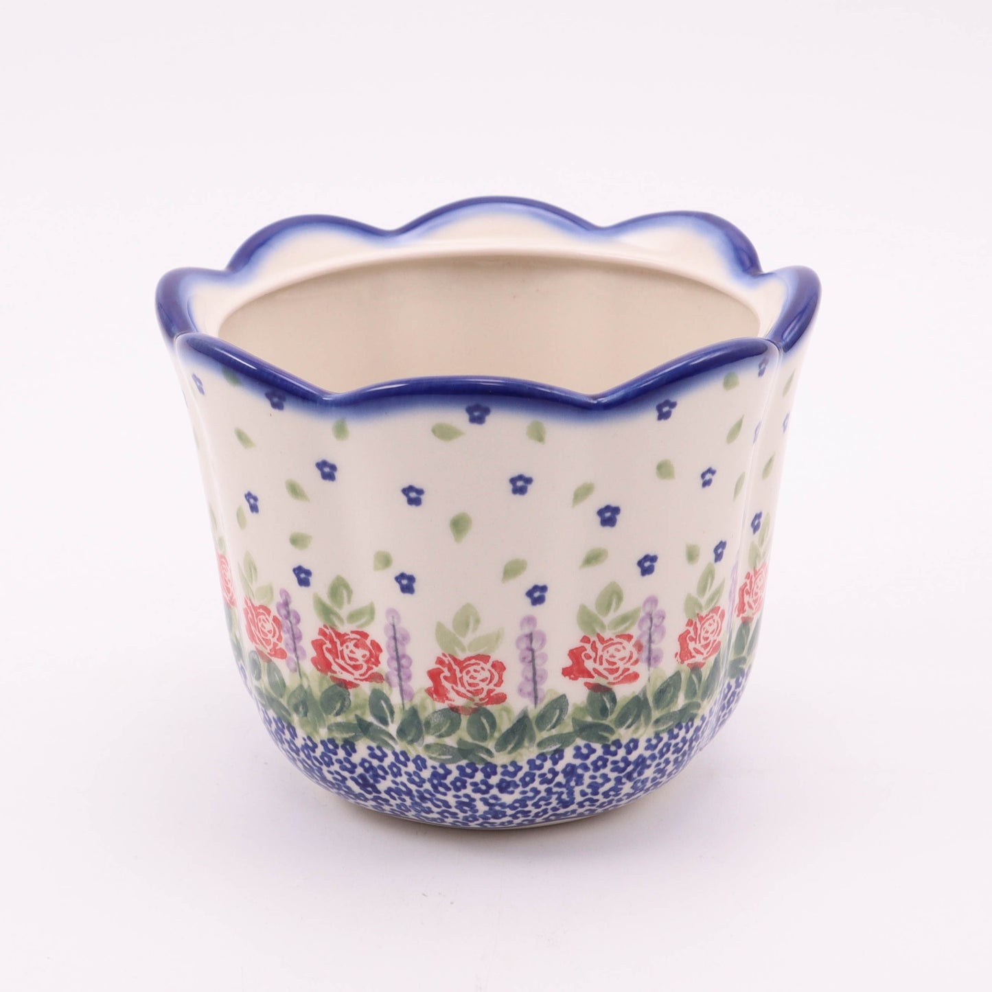 6" Waved Flower Pot. Pattern: Red Rose