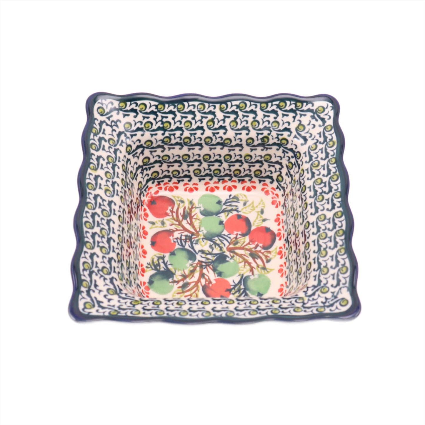 6.5" Square Ruffled Bowl. Pattern: Orchard