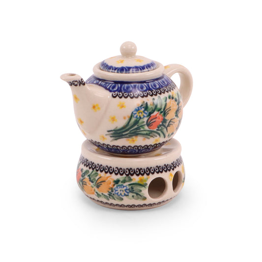 4" Mini Teapot and Warmer. Pattern: Tulip Basket