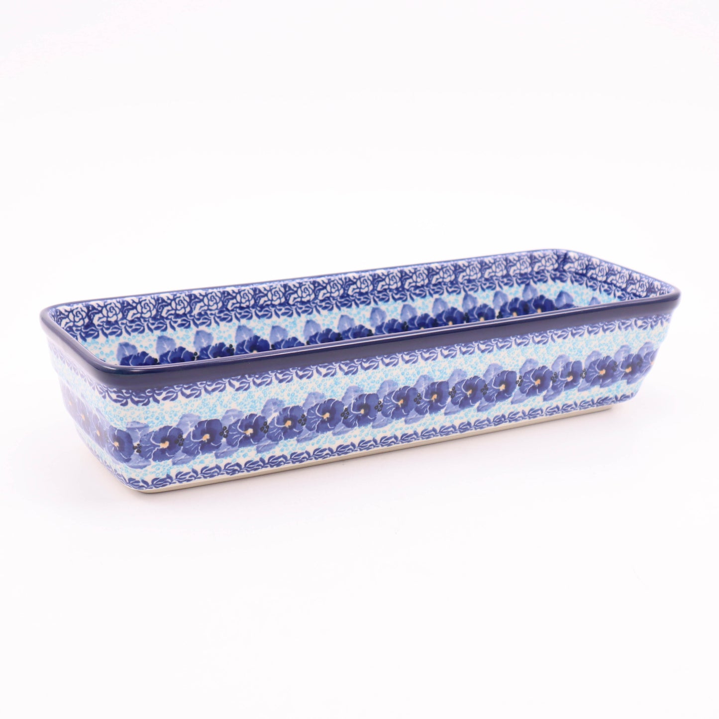 12"x4.5" Long Rectangular Baker. Pattern: Perfect Pansy