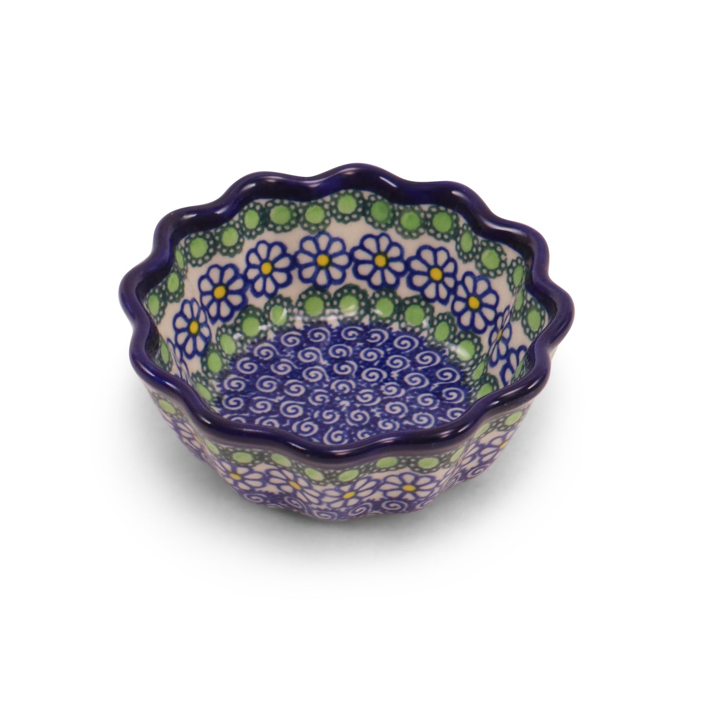 4" Waved Dipping Bowl. Pattern: Bocce Green