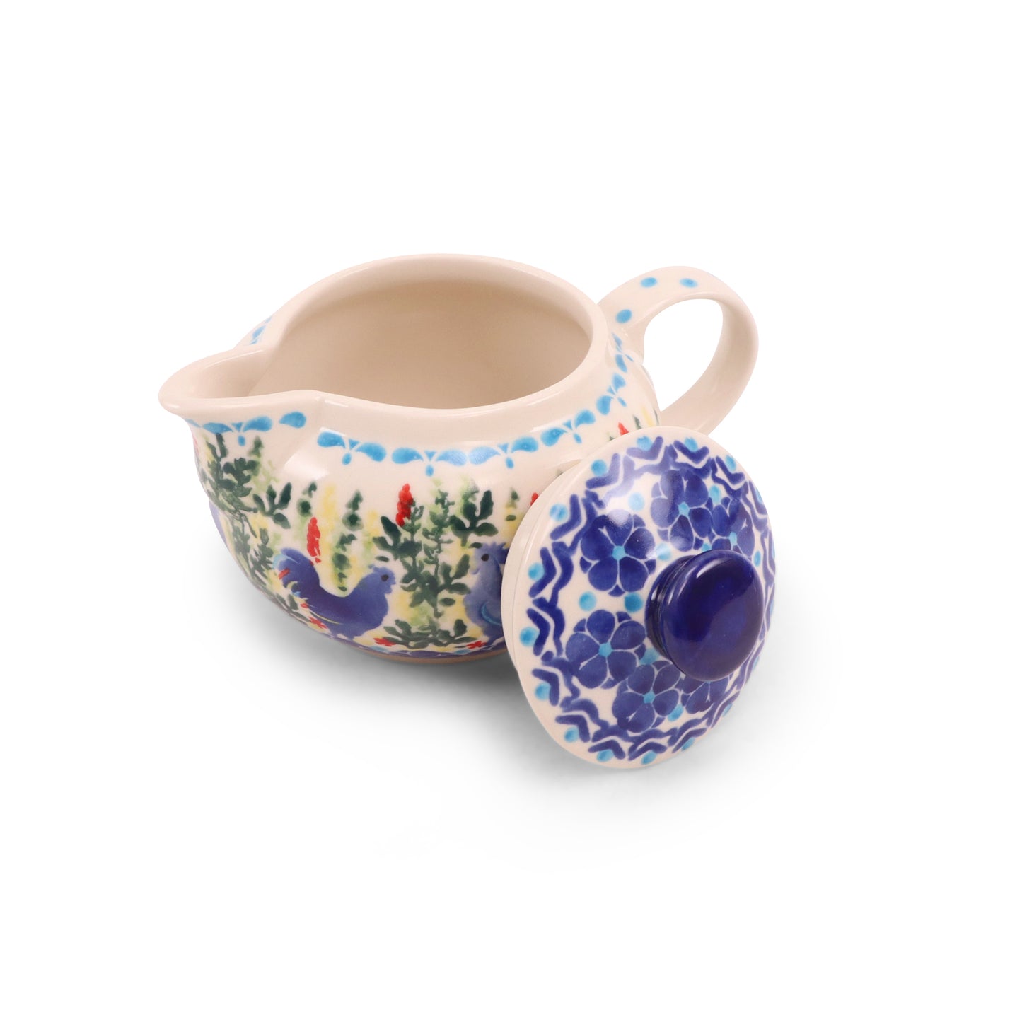 6oz Creamer with Lid. Pattern: Blue Rooster