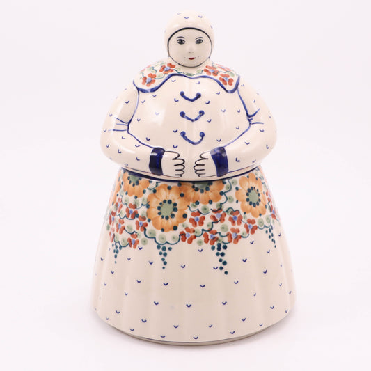 7.5"x10" Country Woman Cookie Jar. Pattern: Fireside Chat