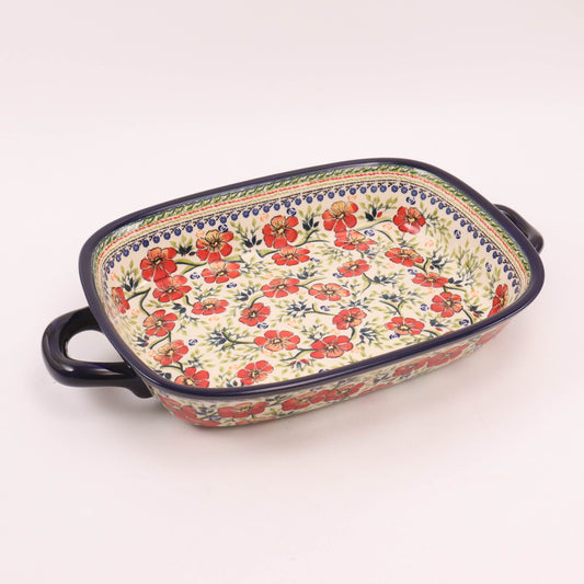 14"x11" Rectangular Baker with Handles. Pattern: Greatful Red