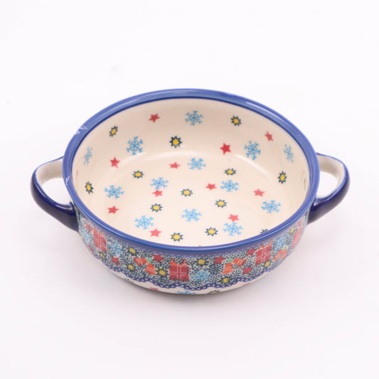 6.5" Round Baker with Handles. Pattern: Gifts Flakes