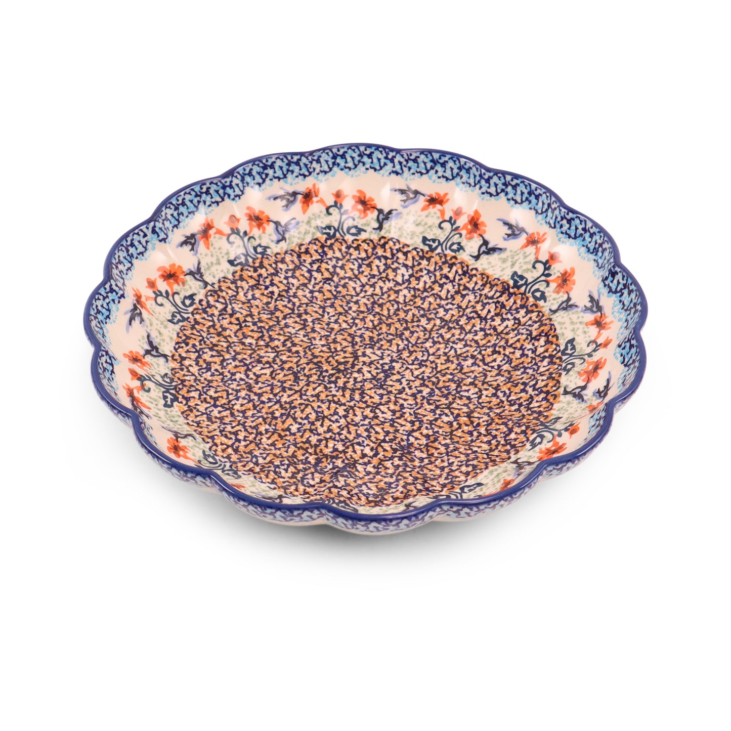 11" X 2" Scalloped Round Bowl. Pattern: Hummingbird