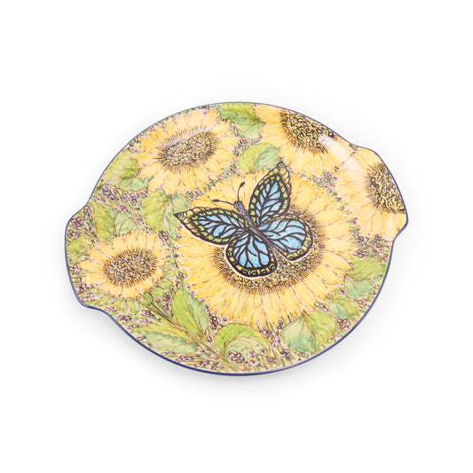 11.5" LE Round Platter with Handles. Pattern: Sunflower Butterfly