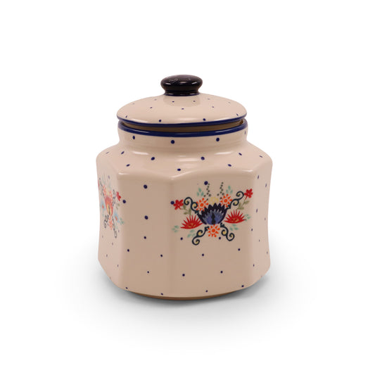 7"x6.5" Hexagonal Cannister. Pattern: Folk Blast