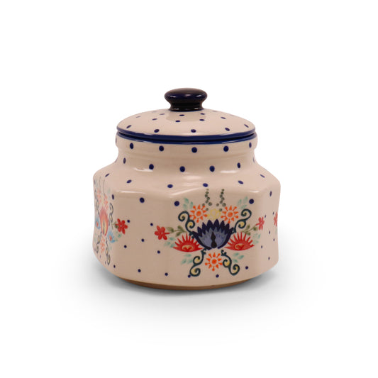 5"x4" Hexagonal Cannister. Pattern: Folk Blast