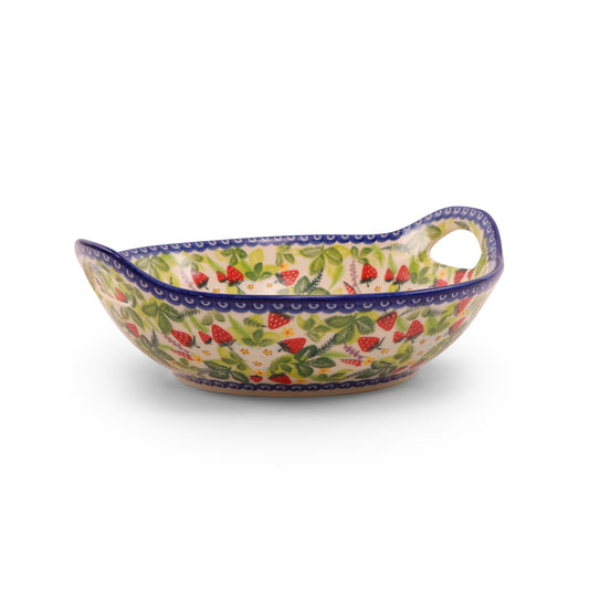 10" Bowl with Handles. Pattern: Strawberry Garden