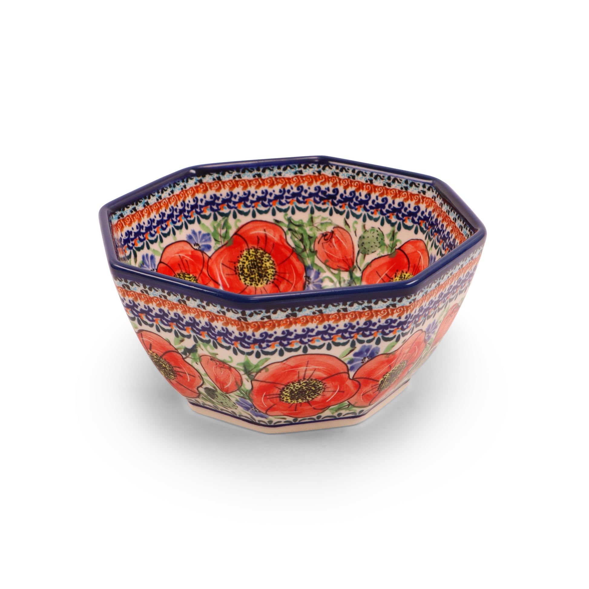 7"x3.5" Octagonal Bowl. Pattern: Country Poppy Light