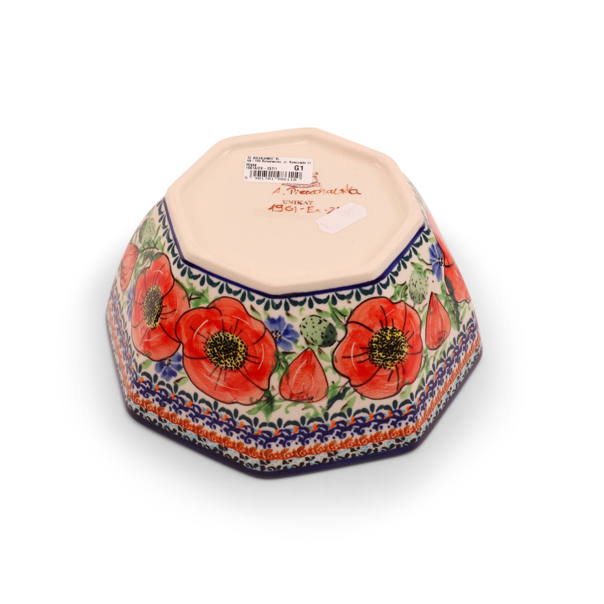 7"x3.5" Octagonal Bowl. Pattern: Country Poppy Light