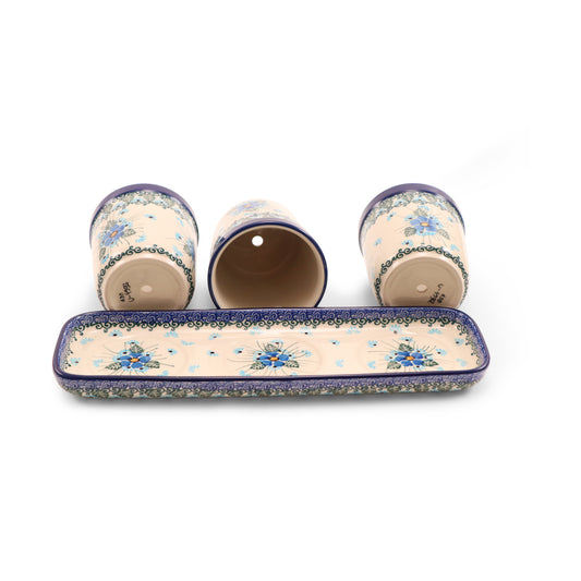 Mini Flower Pot Set on 12"x3.5" Tray. Pattern: Pansy Blue