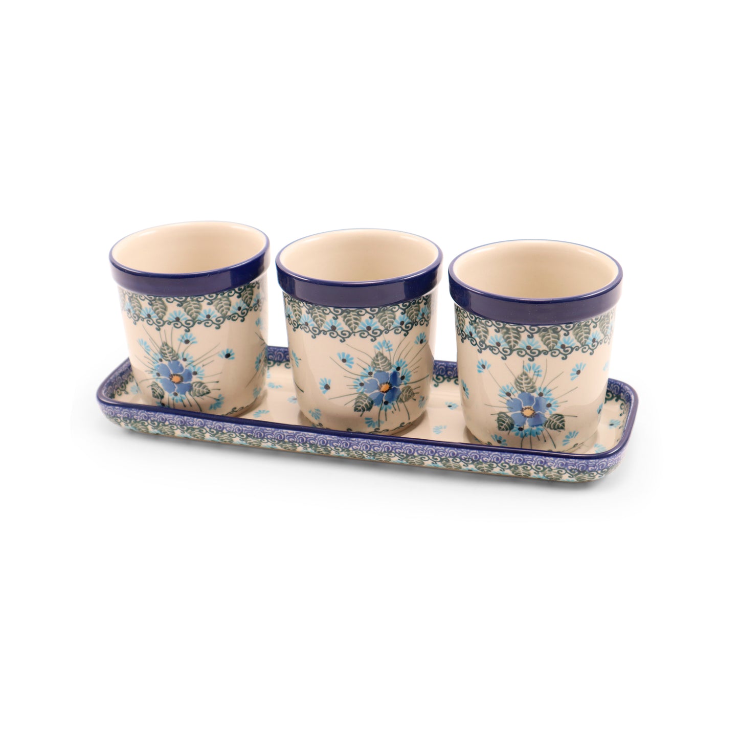 Mini Flower Pot Set on 12"x3.5" Tray. Pattern: Pansy Blue