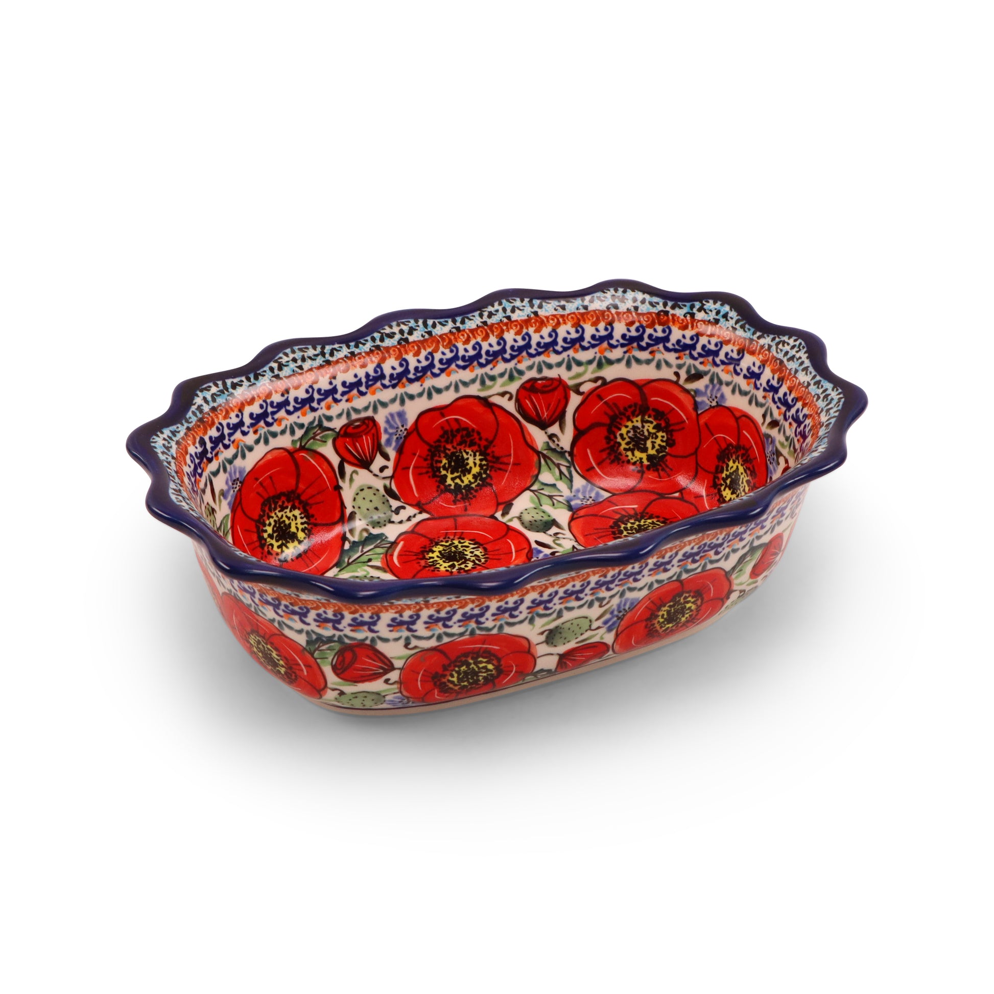 9.5"x6"x3" Ruffled Baker. Pattern: Country Poppy