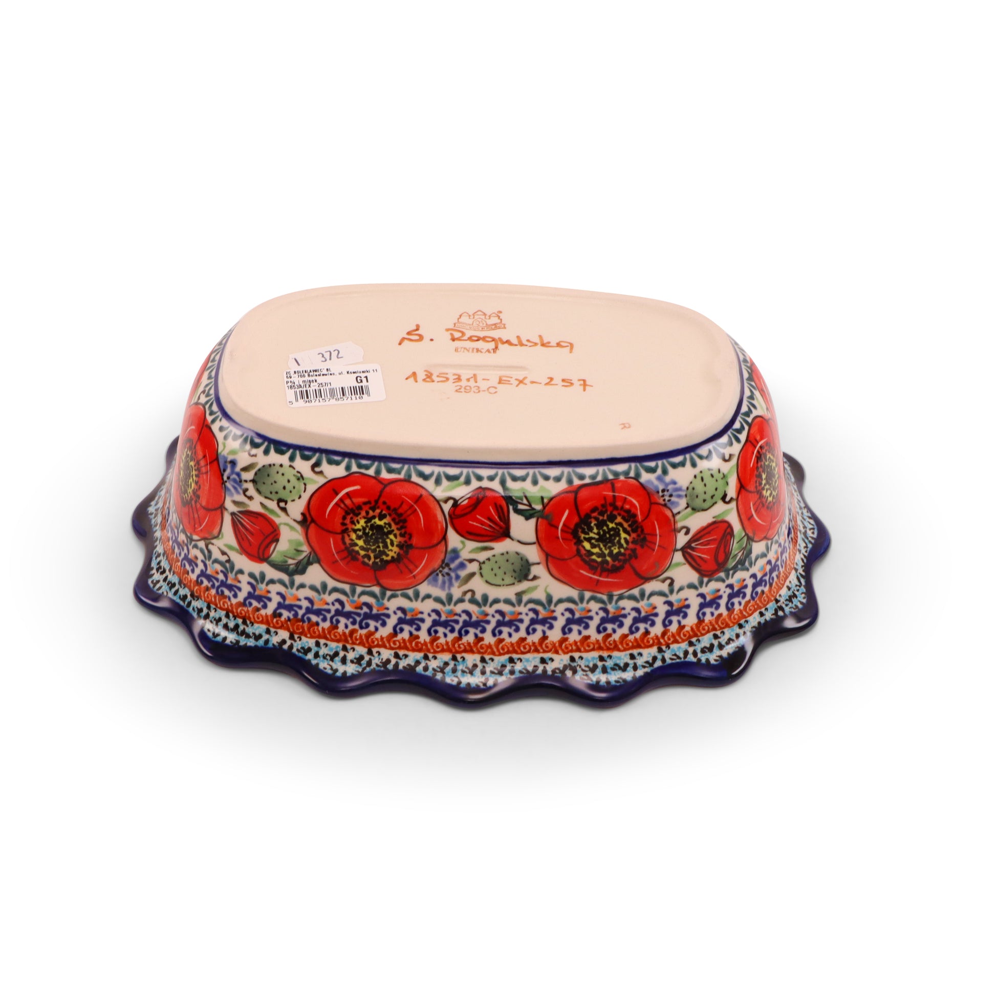 9.5"x6"x3" Ruffled Baker. Pattern: Country Poppy