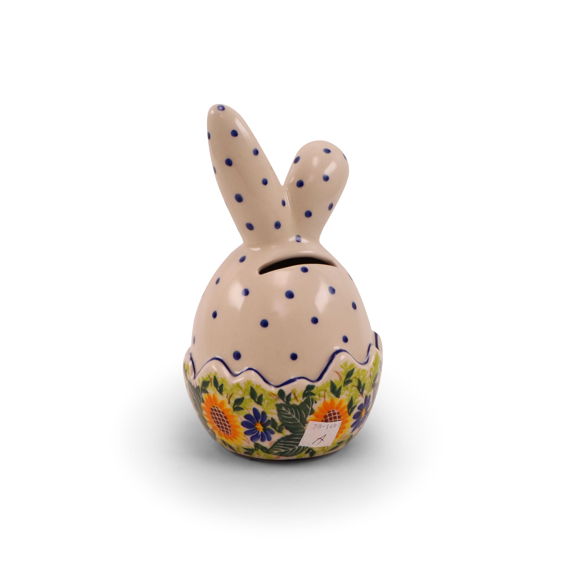 8"x4" Bunny in the Bank Figurine. Pattern: Sunflower